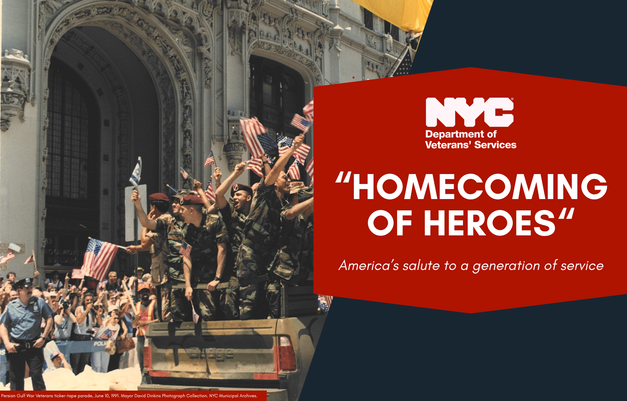 Gulf War Veterans in military vehicle during ticker tape parade. 
                                           